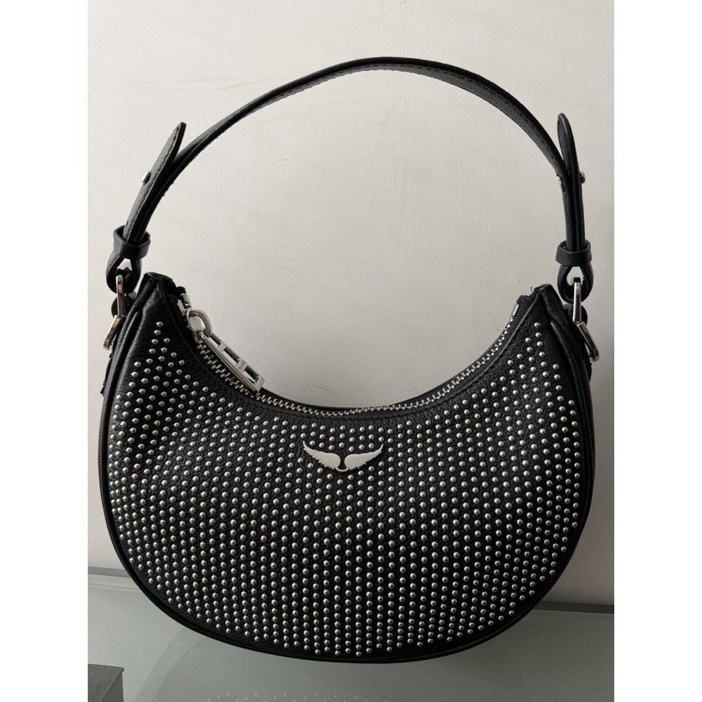 Authentic ZADIG & VOLTAIRE Black Studded Leather MOONROCK Shoulder Bag
